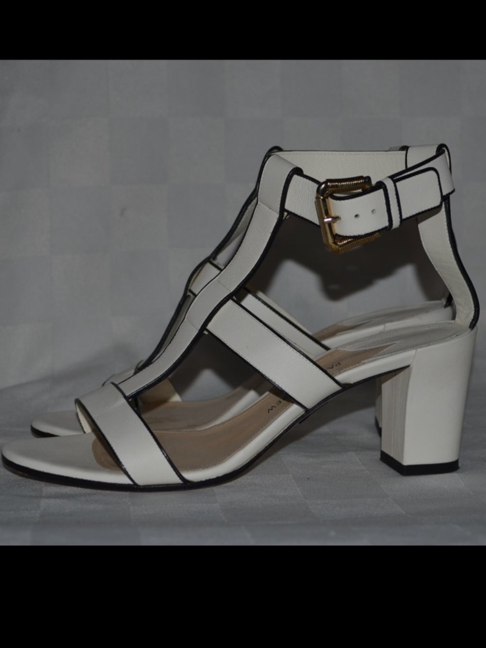 Sz 36.5 6.5 Paul Andrew White Black Trim Strappy 2.75" Heels